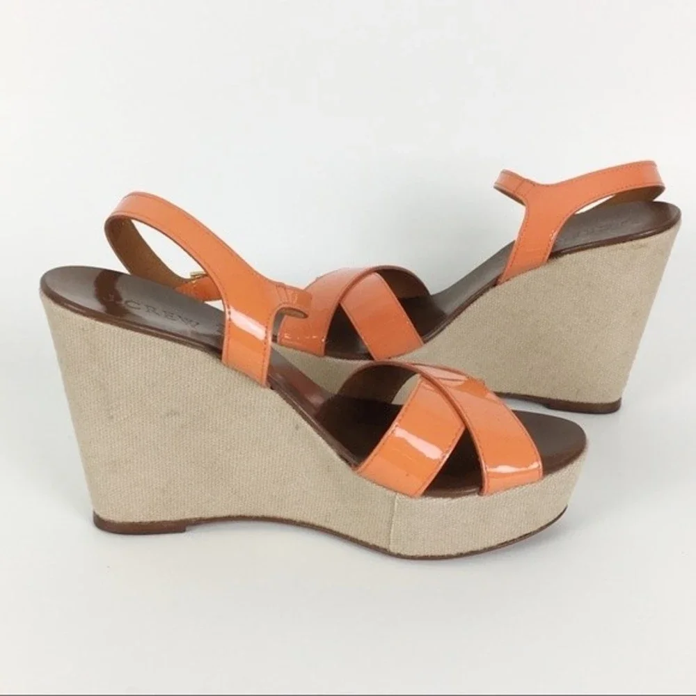 JCREW J CREW Size‎ 7 Orange Patent Leather Strappy Wedges Platform Heels Sandals